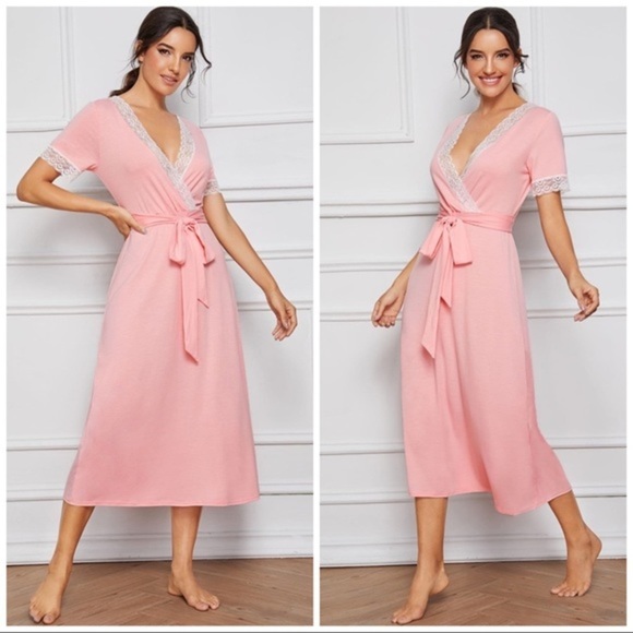 New Pink Lace Belted Nightgown - Picture 2 of 3